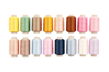 Poster - Assortment of fifteen thread spools in varying colors arranged in two rows on a transparent background png
