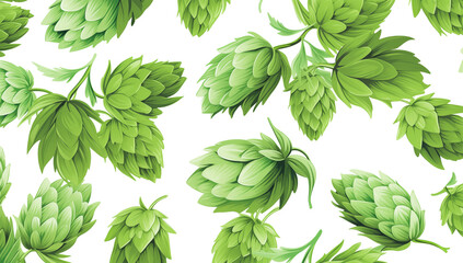 Poster - Green hop cones and leaves arranged in a seamless pattern against a dark background illustration art png
