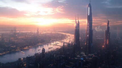 Poster - a breathtaking digital artwork depicting a futuristic cityscape at sunset featuring towering skyscrapers along a winding river bathed in warm light and soft atmospheric perspective