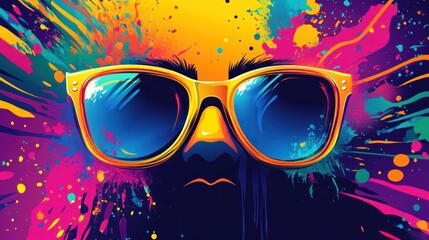 Poster - a vibrant abstract illustration with sunglasses as a focal point against a backdrop of colorful splatter and vivid hues creating an energetic and eye-catching design element