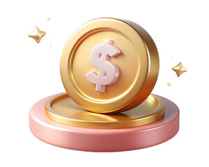 Poster - Golden Dollar Coin On Pink Pedestal With Shining Stars 3D Rendering