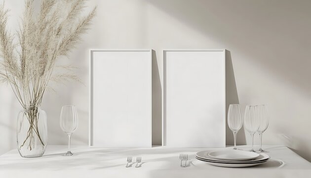 Blank picture frame mockup on white table. 3d rendering
