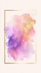 Poster - Abstract Watercolor Wash in Pink, Purple, and Orange Shades with Gold Glitter Framed by Thin Gold Rectangle on Cream Background for Artistic Elegance