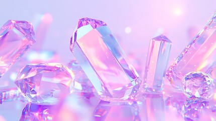 Poster - Floating geometric shapes encircle a luminous 3D crystal, casting vibrant rainbow light reflections in a serene, open environment.