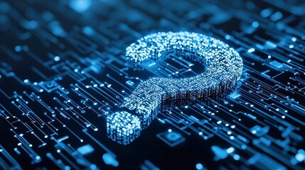 Poster - Spinning Question Mark Interface, a digital assistant display featuring a central animated question mark composed of data points, surrounded by clean, minimalistic design elements.