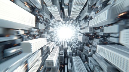 Poster - Aerial view of a futuristic cityscape, buildings intricately designed to create a large 'W', open spaces between structures, vibrant urban environment, innovative architecture