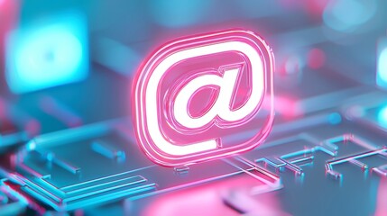 Poster - Neon Symbol in Digital Realm, a vibrant neon @ symbol suspended above a stylized avatar, set against a futuristic social network environment filled with luminous elements and dynamic colors