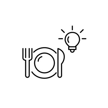 Fork, knife, plate and light bulb. Food for thought, cooking ideas. Recipes for every day. Pixel perfect vector icon