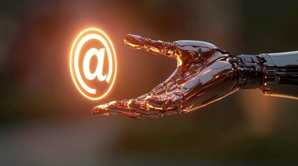 Poster - Golden Light Connection, a robotic hand extends towards a luminous golden @ symbol, representing the bridge between humanity and technology in a vast, open space.