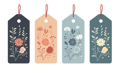 Poster - Four floral tags with different color schemes and red string hanging from the top center hole png