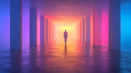 Poster - Silhouette Walking in Neon Lit Hallway