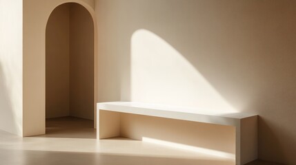 Poster - minimalist interior featuring a rectangular white bench against a beige wall illuminated by a dramatic arc of sunlight and an arched doorway, creating a serene and modern atmosphere