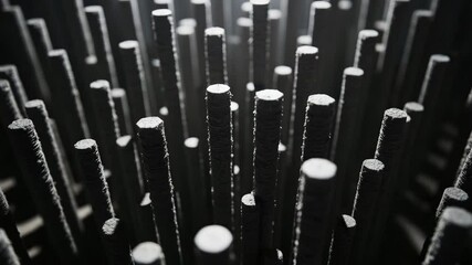 Poster - Abstract close-up view of black vertical rods in a dark environment creating a mysterious and futuristic atmosphere for artistic projects