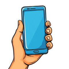 Poster - Human hand holding a modern smartphone with bright blue screen mockup