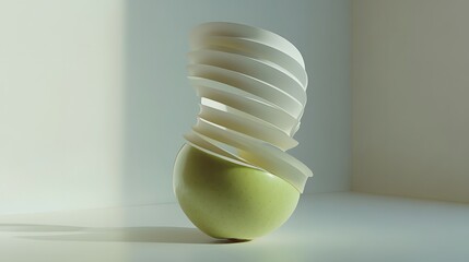 Poster - Abstract still life of a green sphere partially covered by a swirling, white, spiraling form.  The image features soft lighting and minimalist aesthetic.