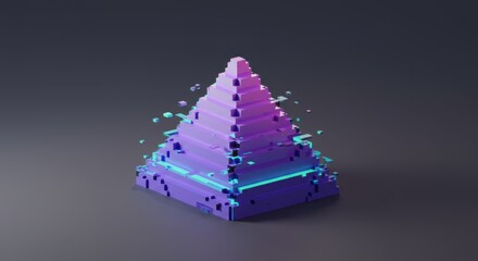 Poster - Digital Pyramid Disintegration: A Pixelated Abstract 3D Render of a Fracturing Geometric Structure with Gradient Color Scheme
