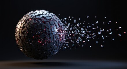 Poster - Shattering Sphere: A 3D Render of a Fractured Metallic Orb Disintegrating into Fragments