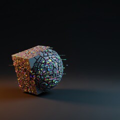 Poster - Abstract 3D Render of a Shattered Cube Transforming into a Sphere with Iridescent Fragments on a Dark Background