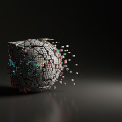 Poster - Abstract 3D Render of a Shattering Cube Transforming into a Glitching Sphere