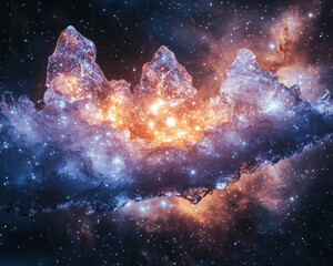 Wall Mural - glowing nebula resembling mountain range in space, with vibrant colors and starry background