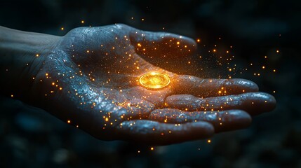 Wall Mural - Human hand in close-up dropping a shiny coin open palm with futuristic data symbols hovering above isolated background,generative ai illustration