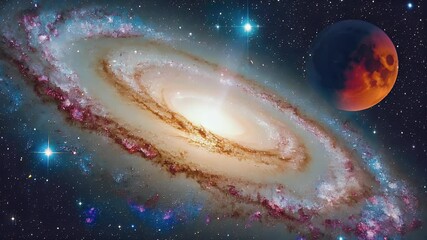 a stunning spiral galaxy with vibrant colors, surrounded by stars and a red planet in the cosmic bac