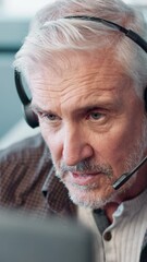 Aufkleber - Mature man, call center and headset for customer support, advice and microphone for consulting at office. Person, agent and service at help desk, contact us and listen on voip connection at workplace