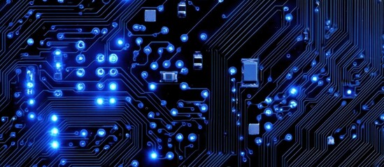 Poster - abstract motherboard circuitry design pattern with a futuristic glowing blue light effect enhancing the intricate electronic pathways showcasing advanced technological innovation