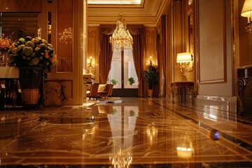 Poster - a luxurious hotel lobby with a large chandelier, marble floors, and gold accents, rich gold tones cr