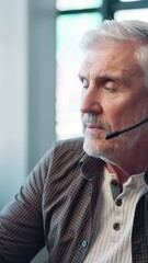 Aufkleber - Mature man, call center and headset for talk, advice or explain on mic for consulting at office. Person, agent and customer support at help desk, contact us and listen on voip connection at workplace