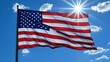 © Natty - A vibrant, large American flag billows majestically against a clear blue sky, its red and white stripes and bold stars vividly displayed, symbolizing patriotism and freedom.
