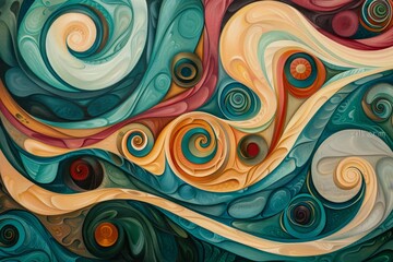 Poster - an abstract artwork featuring swirling colors and shapes in shades of blue, green, yellow, orange, a