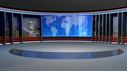 Wall Mural - 3D Virtual TV Studio News, Backdrop For TV Shows .TV On Wall.3D Virtual News Studio Background,3d illustration