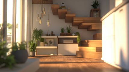 Poster - Modern living space with minimalist floating staircase in light wood, bright sunlight, built-in shelving units, and potted plants creating a serene ambiance