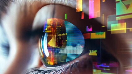 Poster - Close-up of an eye reflecting vibrant digital data visuals