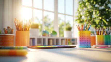 Poster - Bright sunlit room featu a white table filled with colorful art supplies in orange and rainbow containers inviting creativity and artistic exploration