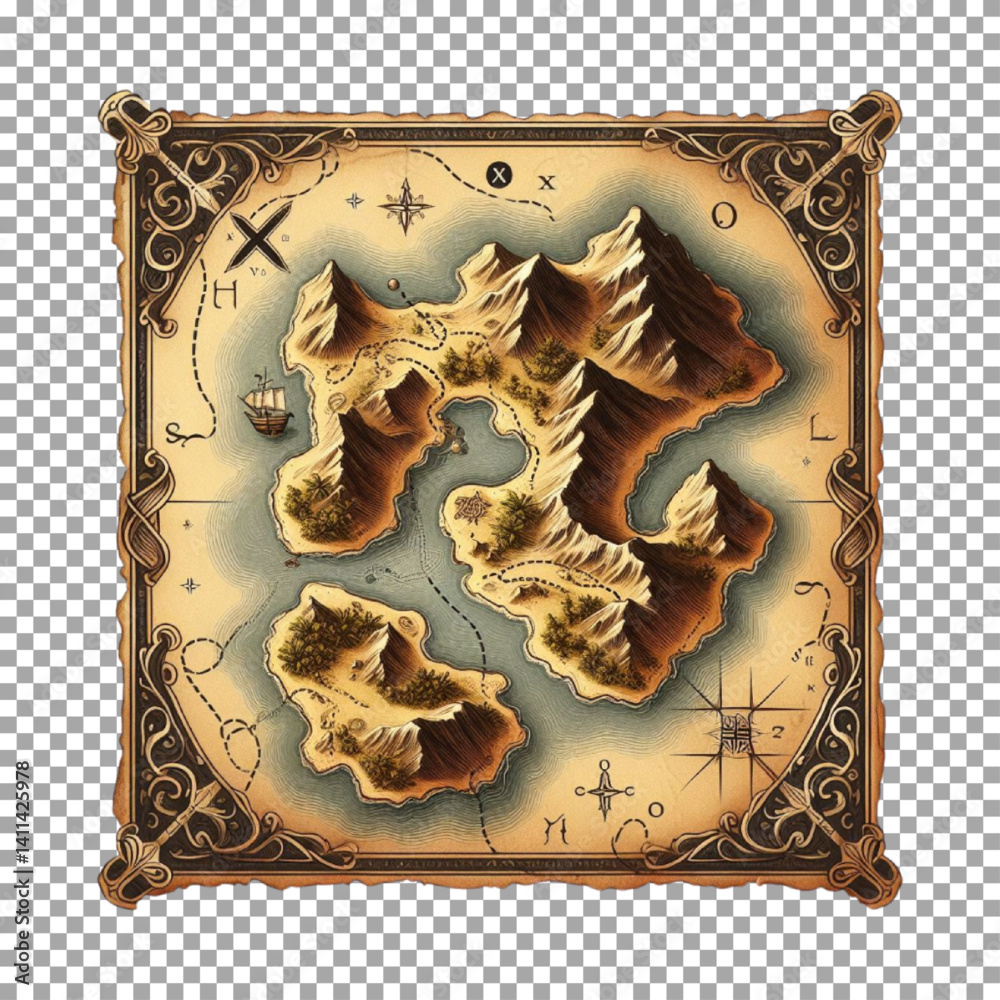 a vintage island map with winding paths and an X marking the spot ...
