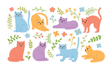  Cute kitties in different poses and cute floral botanical elements set. Trendy modern cute cats, kittens, leaves and flowers collection. Hand drawn pastel delicate flat vector clipart.