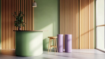 Poster - Sunlit interior featu a pale green cylindrical reception desk, lavender containers, light wood furniture, and slat walls in a soothing sage green space
