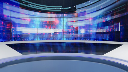 Wall Mural - 3D Virtual TV Studio News, Backdrop For TV Shows .TV On Wall.3D Virtual News Studio Background,3d illustration