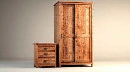 Poster - Rustic wooden wardrobe with sliding doors beside matching three-drawer bedside table on neutral background creating a cozy yet stylish bedroom atmosphere