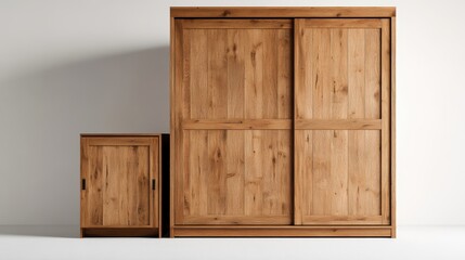 Poster - Large rustic wooden wardrobe with sliding doors and matching cabinet on a plain white background, perfect for home decor and storage solutions in style.