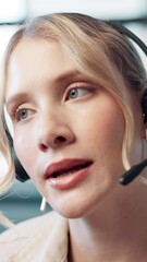 Poster - Woman, discussion and headset at call center with customer support, advice and consulting at office. Person, agent and service at help desk, contact us and microphone with voip tech at workplace