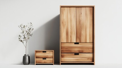 Poster - Minimalist bedroom scene with light wood armoire, two drawers, matching nightstand, gray vase and dried flowers, creating a peaceful ambiance of simplicity