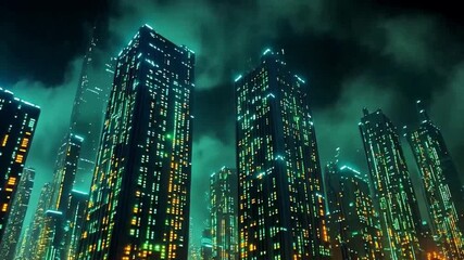 Poster - Futuristic city skyline illuminated at night with glowing buildings
