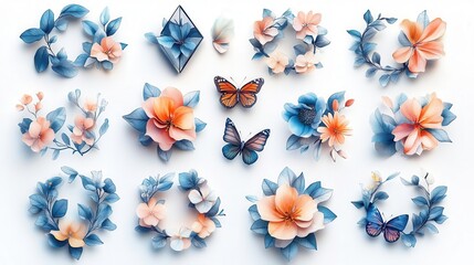 Poster - A collection of delicate floral designs in soft pastel hues, featuring intricate blossoms and butterflies, creating an elegant and artistic display.