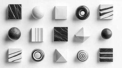 Poster - A minimalist arrangement of geometric shapes in black and white, showcasing various textures and patterns, ideal for modern design inspirations.