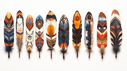 Poster - A vibrant display of decorative feathers showcasing intricate designs and colors, arranged in a visually appealing line.