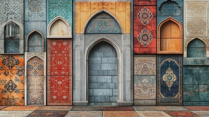 Poster - A vibrant mural displaying intricate architectural designs with colorful patterns and textures on various panels.