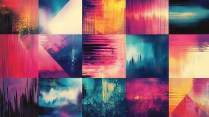 Poster - A vibrant abstract collage featuring colorful geometric shapes and textured patterns in shades of blue, pink, and yellow.